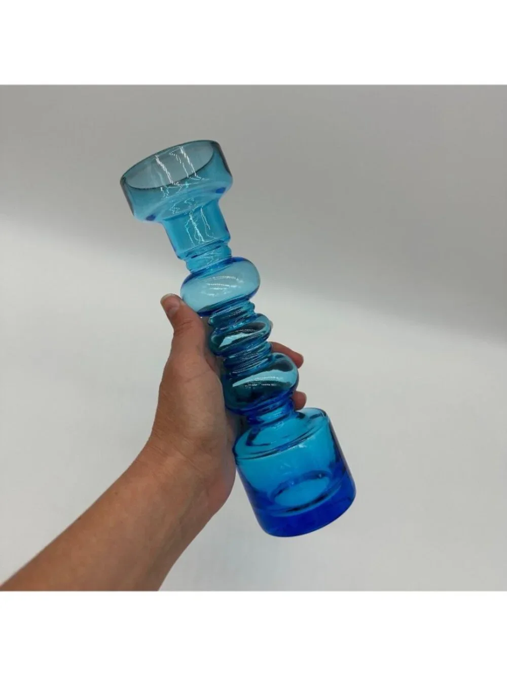 Vintage Blue Vase Blown Glass Hooped Mid Century Modern Turquoise Retro